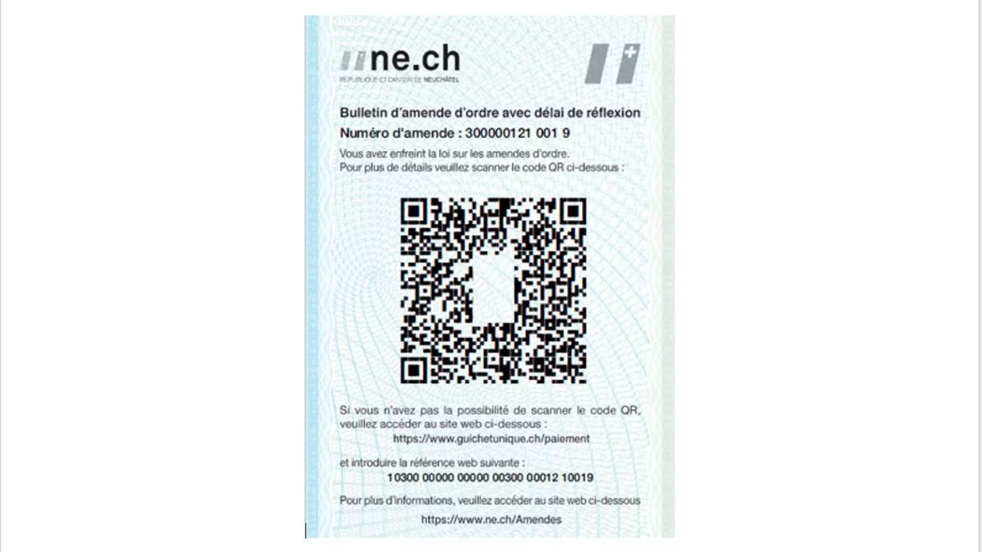 Exemple de bulletin d'amende d'ordre au code-QR
