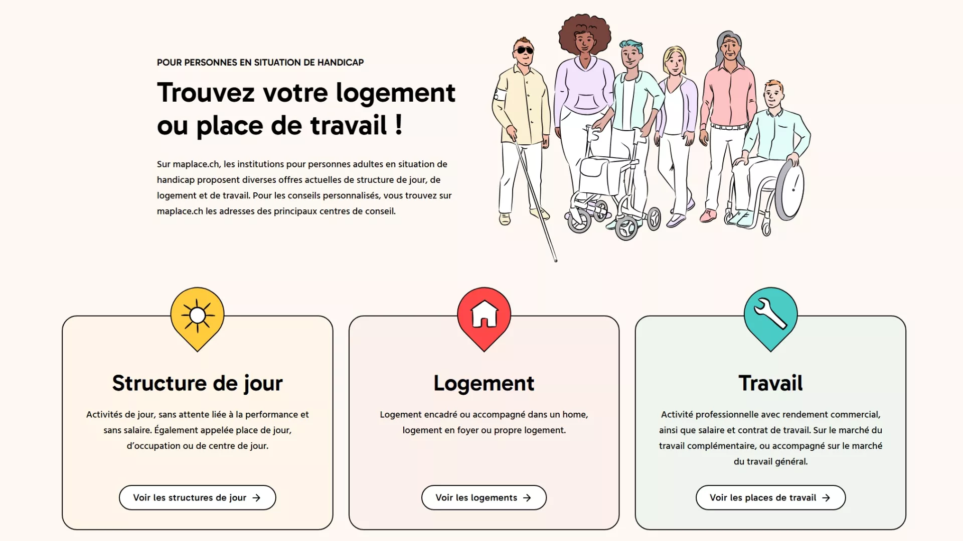 Une image contenant un texte "trouvez votre logement et place de travail". En dessous les 3 prestations de maplace.ch, les structures de jour, le logement et le travail