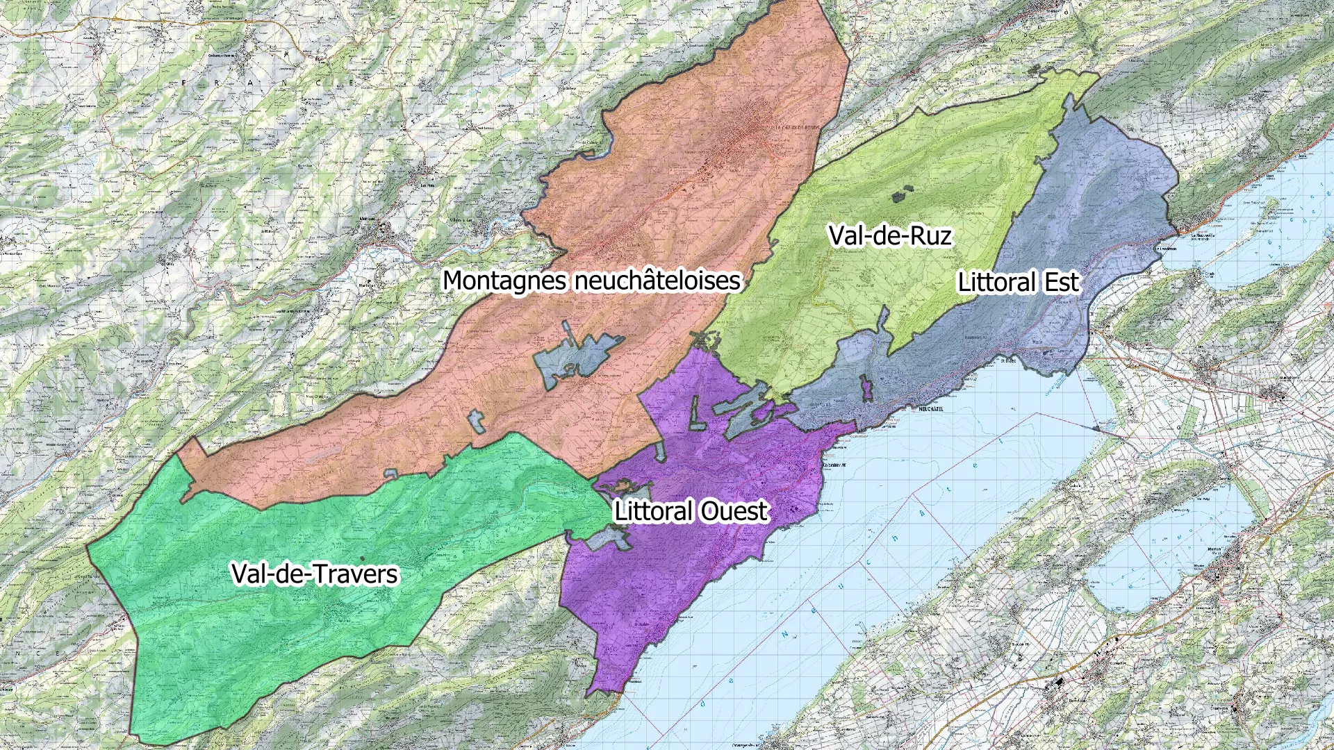 Carte des arrondissements forestiers du canton de Neuchâtel. Dans le sens des aiguilles d'une montre depuis la gauche : Val-de-Travers, montagnes neuchâteloises, Val-de-Ruz, littoral secteur est, littoral secteur ouest.