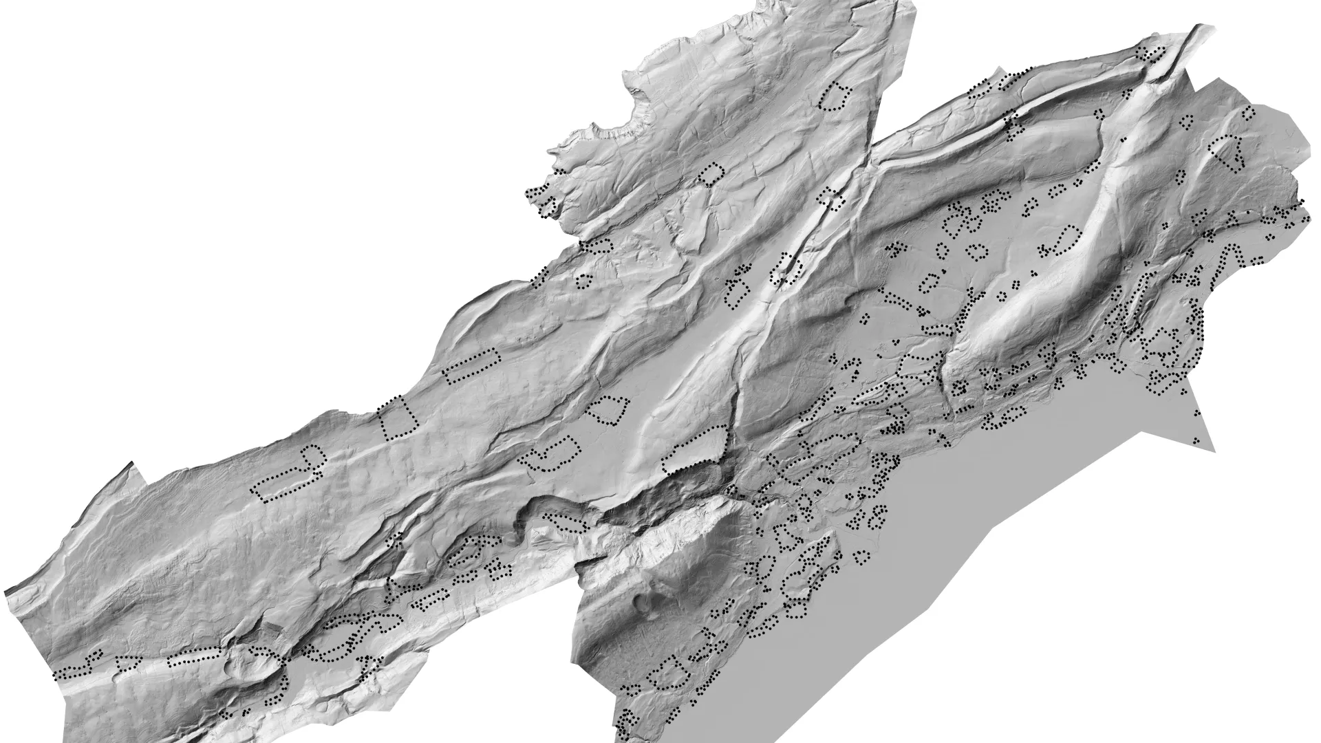 Carte Lidar du canton de Neuchâtel avec la localisation des différents sites archéologiques