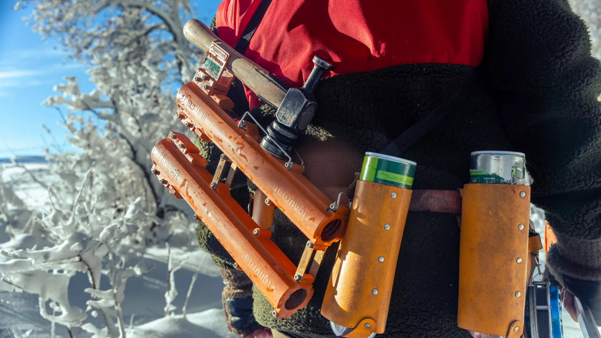 Vue de dos sur les outils qu'un garde forestier porte à la ceinture pour le cubage des bois.