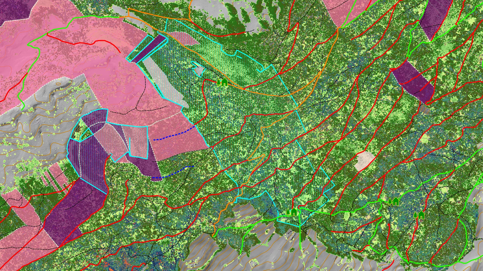 Carte colorée de desserte et des réserves forestières utilisée à but d'illustration uniquement.