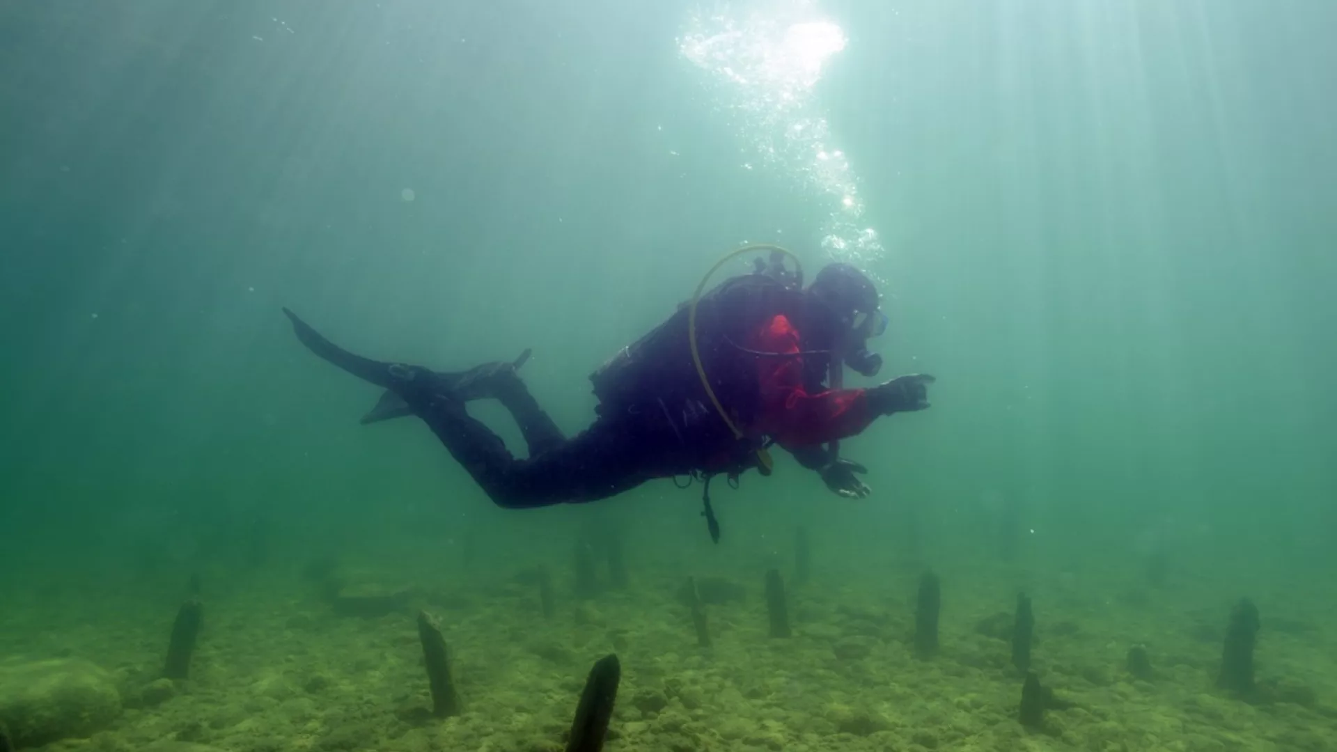 Un plongeur ou une plongeuse est sous l'eau, dans le lac. Des pilotis sont visibles dans le fond marin.
